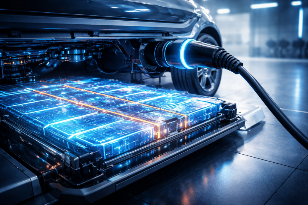 Proses produksi baterai lithium-ion berbasis graphene di pabrik kendaraan listrik Malaysia.