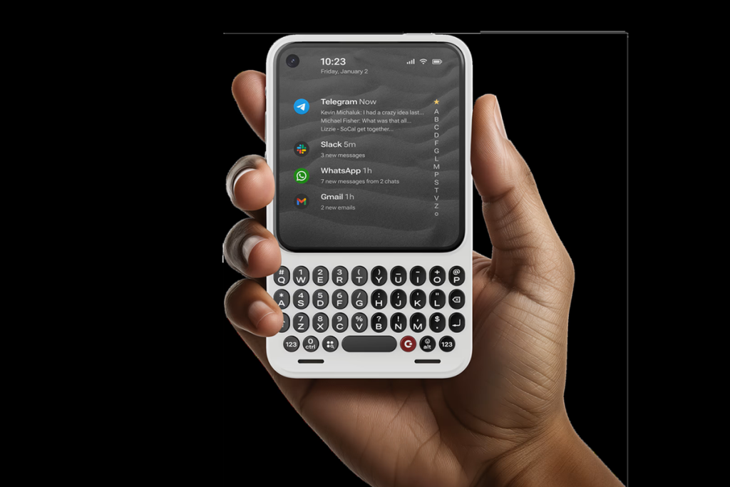Clicks Communicator dengan keyboard QWERTY fisik dan layar OLED 4 inci menjalankan sistem operasi Android 16.