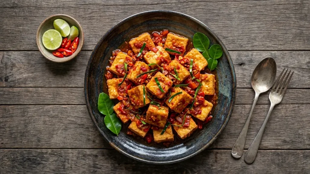 Tahu balado daun jeruk pedas gurih dengan sambal merah untuk lauk rumahan.
