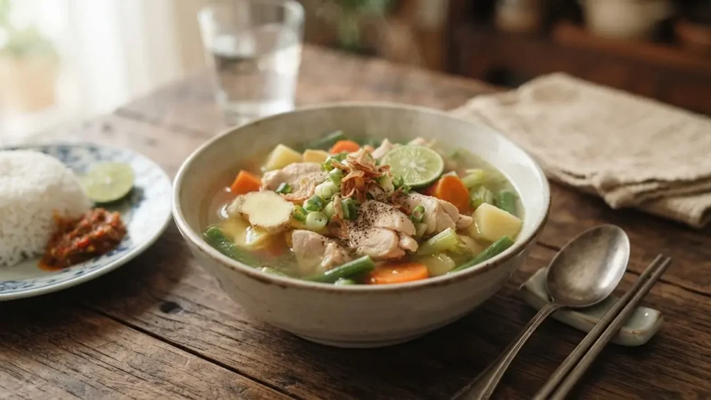 Sop ayam bening jahe dengan kuah jernih, potongan ayam, wortel, kentang, daun bawang, dan taburan bawang goreng.