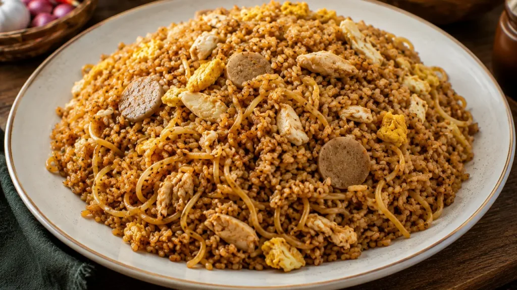 Nasi goreng Magelangan dengan campuran nasi, mi, telur, sayuran, dan kecap manis siap disajikan