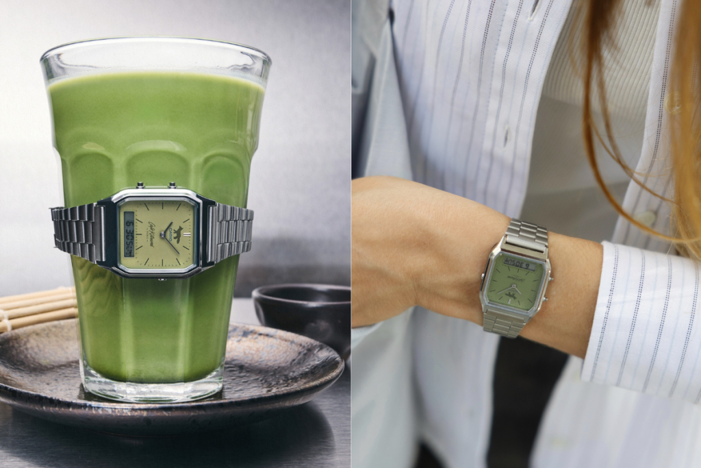 Jam tangan Casio x Café Kitsuné AQ-230ECK dengan dial hijau matcha